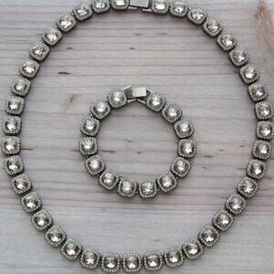 12.5mm Black Square Halo Diamond Chain Rhinestones Silver Plated N+ B Set